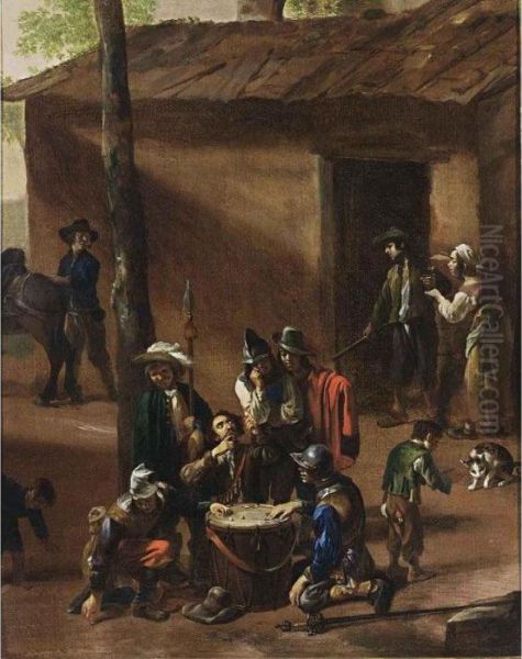 Soldiers Playing Dice On A Drum In Front Of A Barn Oil Painting by Michelangelo Cerqouzzi