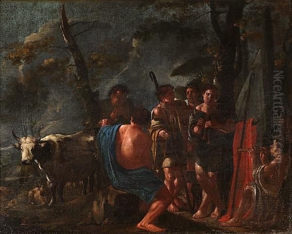 Shepherds Resting And Making Music With A Cow And Sheep In A Landscape Oil Painting by Michelangelo Cerqouzzi