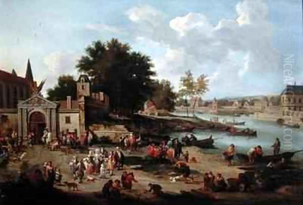 Townsfolk Gathering on the Shore of an Estuary Oil Painting by Boudewyns