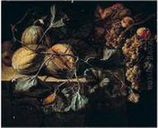 Still Life Of Melons With Apples And Grapes Arranged Upon A Stone Ledge Oil Painting by Michelangelo Cerqouzzi