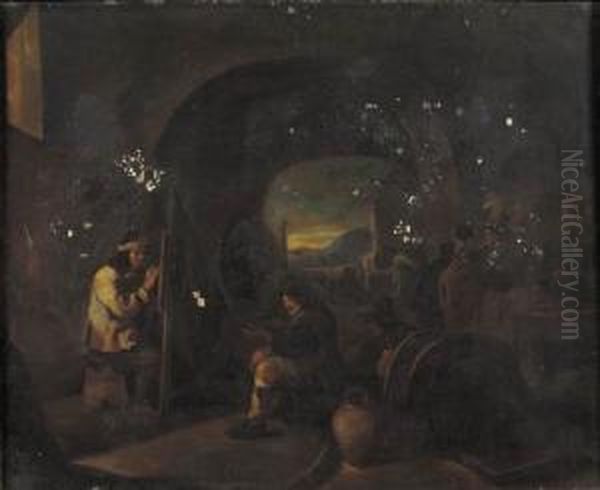 A Painter At Work In A Grotto With Shepherds And Travellers Nearby Oil Painting by Michelangelo Cerqouzzi