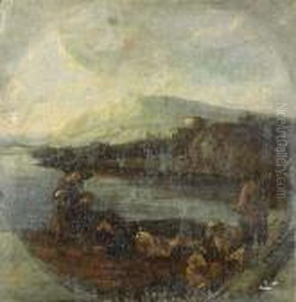 Tre Pastori Con Armenti In Sosta Presso Un Fiume Oil Painting by Michelangelo Cerqouzzi