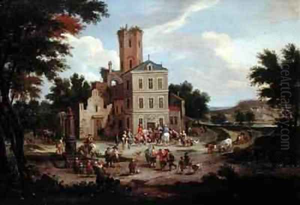 Townsfolk Gathering Outside a Public Building Oil Painting by Boudewyns