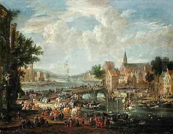 Townsfolk on the Riverbank Oil Painting by Boudewyns