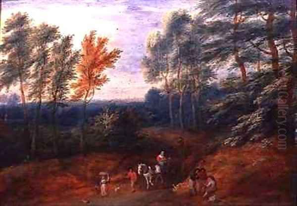 A Wooded Landscape with Travellers in a Haycart Oil Painting by Boudewyns