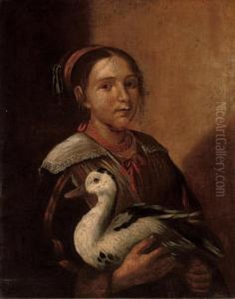 A Young Girl In Peasant Dress, A Duck In Her Arms Oil Painting by Giacomo Ceruti (Il Pitocchetto)