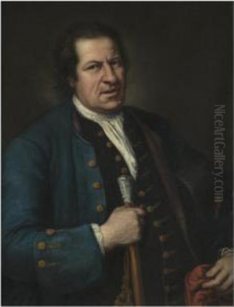 Portrait Of A Gentleman, Half Length, Wearing A Blue Coat Andholding A Cap And Baton Oil Painting by Giacomo Ceruti (Il Pitocchetto)