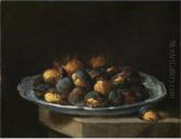 Still Life With Roasted Chestnuts On A White Plate Resting On A Stone Ledge Oil Painting by Giacomo Ceruti (Il Pitocchetto)