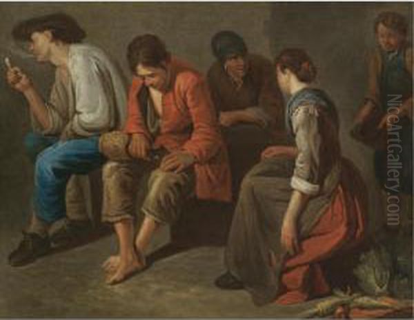 A Study Of A Tavern Interior With Peasants Drinking And Smoking Oil Painting by Giacomo Ceruti (Il Pitocchetto)