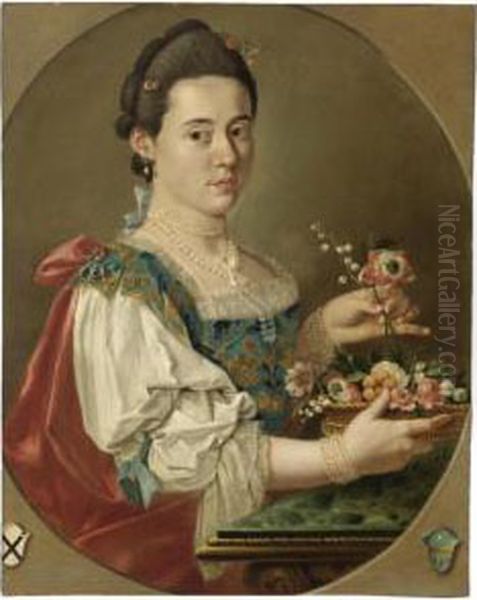 Ritratto Di Gentildonna Con Cesto Di Fiori Oil Painting by Giacomo Ceruti (Il Pitocchetto)