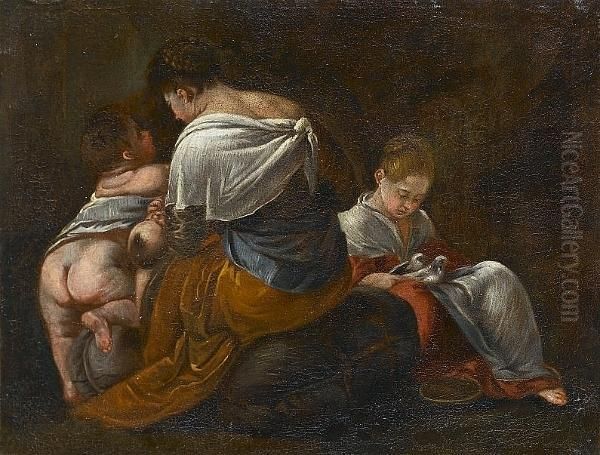 A Young Woman Seated With Her 
Baby And A Small Child, A Young Girl Holding Two Doves Beyond Oil Painting by Giacomo Ceruti (Il Pitocchetto)