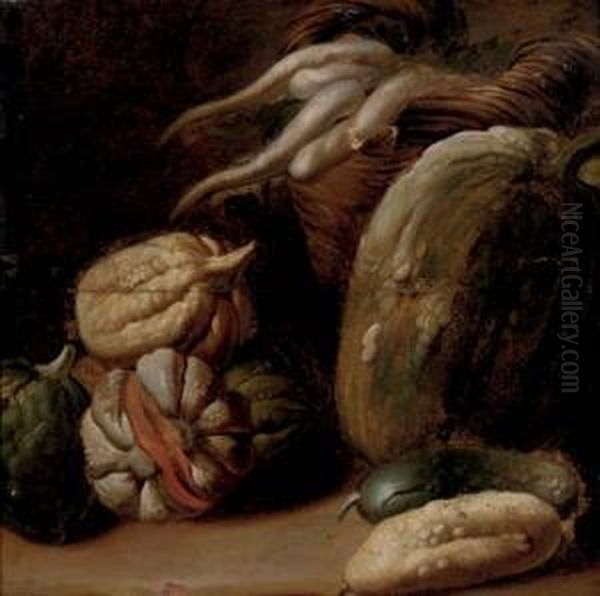 Melons And Root Vegetables In A Basket, A Fragment Oil Painting by Giacomo Ceruti (Il Pitocchetto)