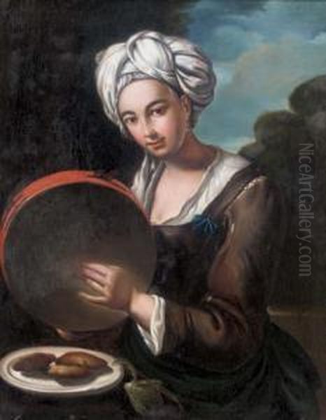 A Girl Playing A Tambourine Oil Painting by Giacomo Ceruti (Il Pitocchetto)