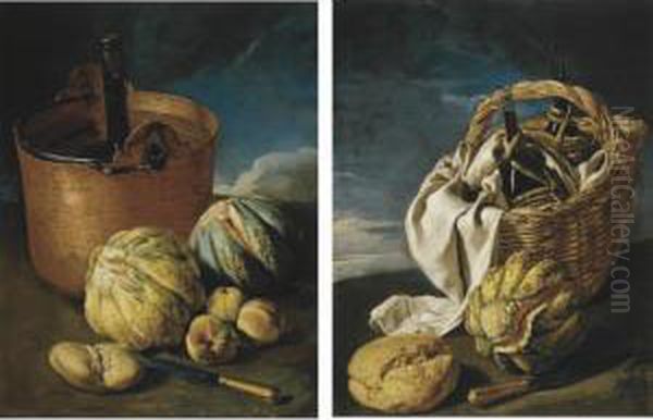 Still Life With A Melon, Knife, 
Bread, And A Basket With Two Wicker Covered Flasks Of Wine Wrapped In A 
White Cloth, All In A Stormy Landscape; Still Life Of Melons, Peaches, A
 Knife, Bread And A Copper Cooler With A Bottle Of Wine, All In A Stormy
 Oil Painting by Giacomo Ceruti (Il Pitocchetto)