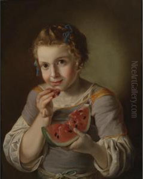 A Young Girl Eating Watermelon Oil Painting by Giacomo Ceruti (Il Pitocchetto)