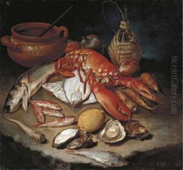 A Lobster, Herring, Turbot, 
Skate, Red Mullets And Oysters With Turnips, Onions, A Lemon, An 
Earthenware Pot And A Wicker And Glass Bottle On A Stone Ledge Oil Painting by Giacomo Ceruti (Il Pitocchetto)