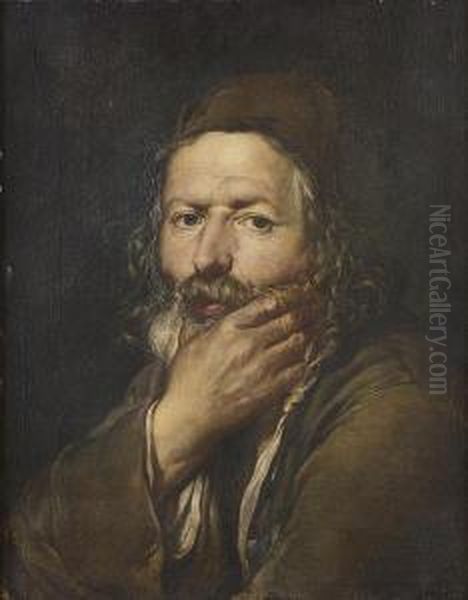 An Elderly Bearded Peasant Man Resting His Chin In His Hand Oil Painting by Giacomo Ceruti (Il Pitocchetto)