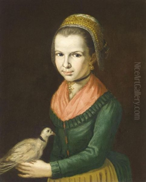 Young Girl Three-quarter Length 
Wearing A Green Dress A Red Chemise And An 
Elaborate Headress And Holding A Dove Oil Painting by Giacomo Ceruti (Il Pitocchetto)