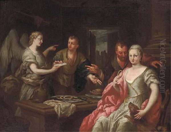 An Angel Appearing As A Messenger To A Family In An Interior Oil Painting by Giacomo Ceruti (Il Pitocchetto)