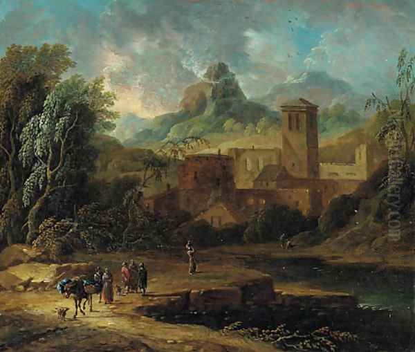 An Italianate landscape with travellers and a packmule on a river bank Oil Painting by Christian Hulfgott Brand