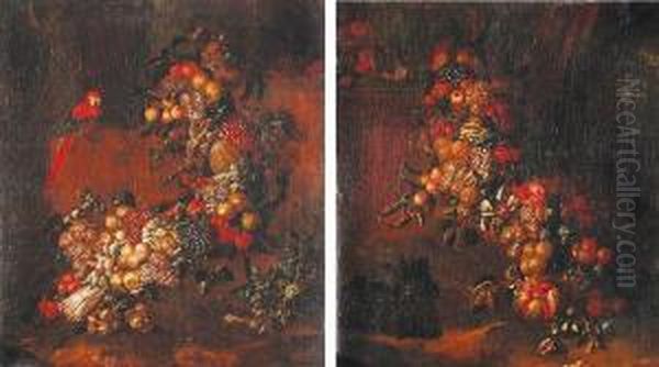 Nature Morte Con Frutta, Verdura E Pappagallo Oil Painting by Giacomo Ceruti (Il Pitocchetto)