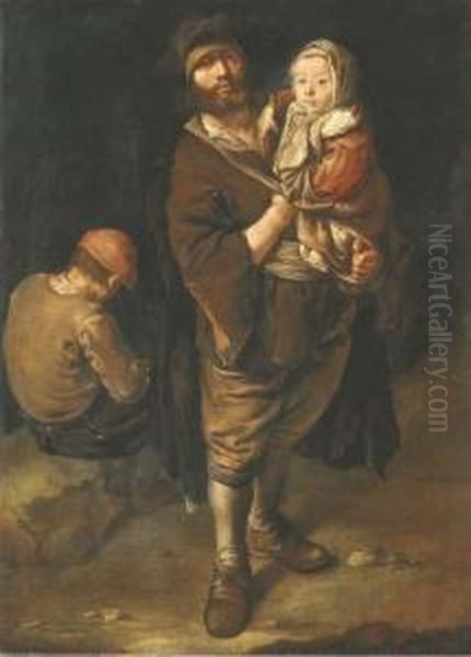 A Peasant Holding His Daughter In His Arms Oil Painting by Giacomo Ceruti (Il Pitocchetto)