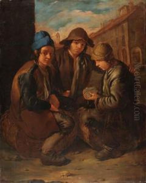 Urchins Playing Cards Oil Painting by Giacomo Ceruti (Il Pitocchetto)