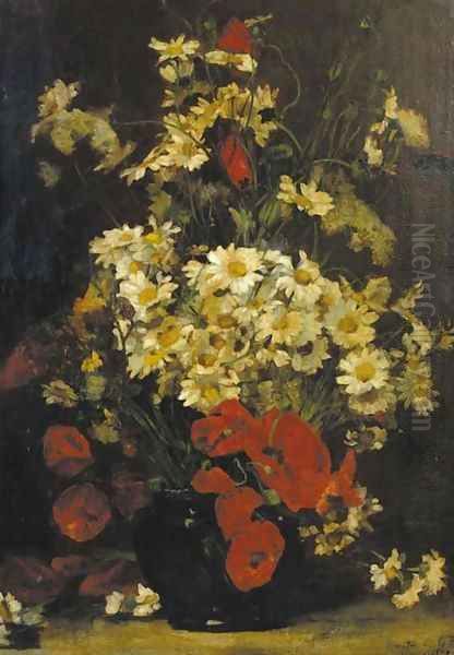 A still life with poppies and daisies Oil Painting by Denis Pierre Bergeret