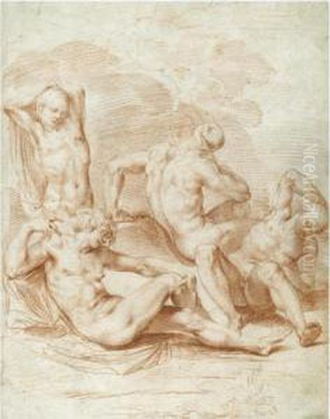 Four Male Nudes In A Landscape Oil Painting by Bernardino Cesari