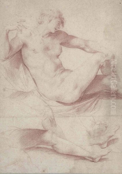 A Reclining Male Nude Oil Painting by Giuseppe Cesari