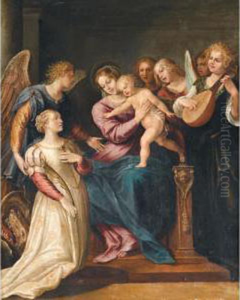 The Holy Family With Saint Margaret And Angels Oil Painting by Giuseppe Cesari