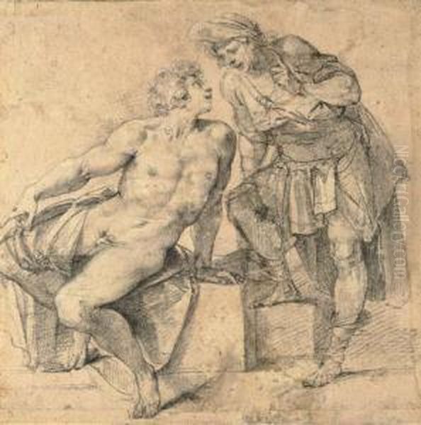 A Seated Nude Youth Turning Addressed By A Soldier Oil Painting by Giuseppe Cesari