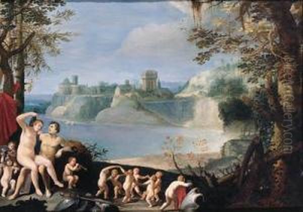 Mars And Venus In A River Landscape Oil Painting by Giuseppe Cesari