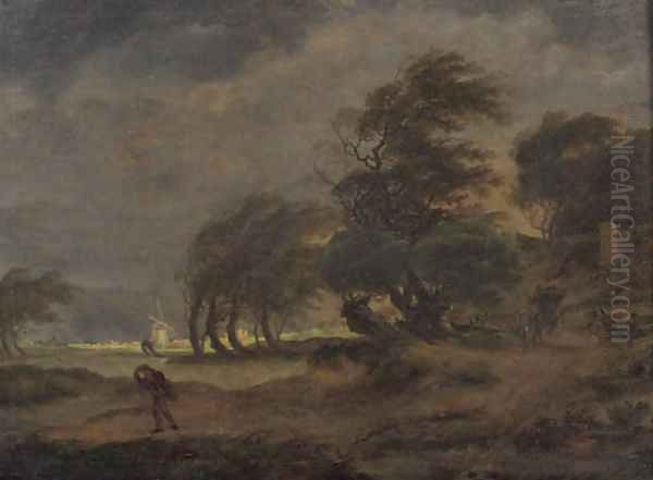 Peasants in a horse-drawn wagon on a country road with a traveller nearby, a windmill beyond, in a stormy landscape Oil Painting by Hermanus Van Brussel