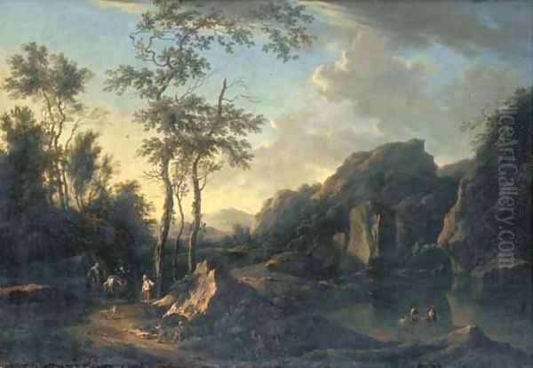 A wooded river landscape with travellers and peasants on a path and fishermen on the bank Oil Painting by Johann Christian Brand