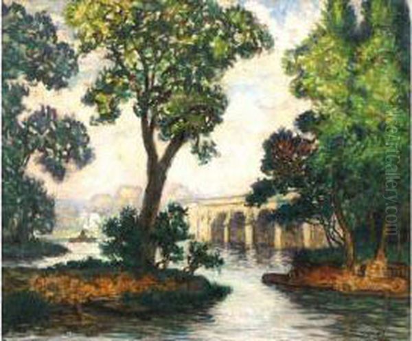 Bord De Riviere Au Bateau A Vapeur Oil Painting by Maurice Chabas