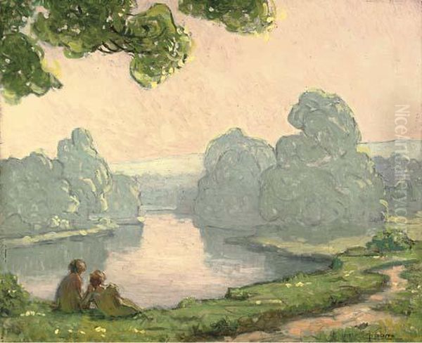 A Riverside Tryst Oil Painting by Maurice Chabas