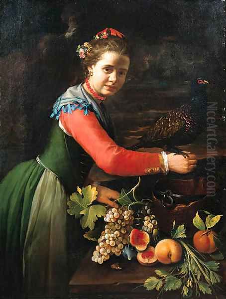 A young woman with a pheasant perched on her hand Oil Painting by Bernhard Keil, Monsu Bernardo