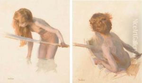 Un Jeune Garcon Se Baignant; Une Jeune Baigneuse Oil Painting by Paul Chabas