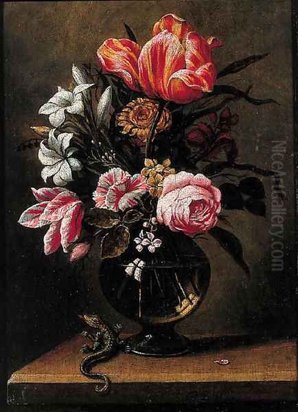 Tulips, roses, carnations and other flowers in a glass vase Oil Painting by Hans Bolongier