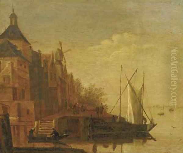 A river landscape with boats moored at a townside Oil Painting by Jacob Adriaensz. Bellevois