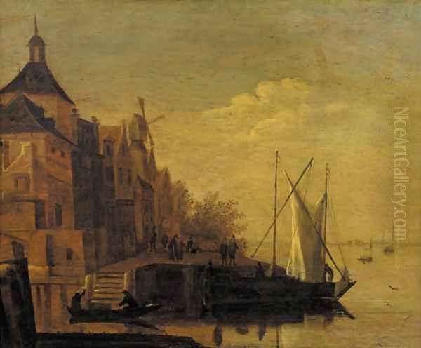 A town by a river with sailing vessels moored at a quay, at dusk Oil Painting by Jacob Adriaensz. Bellevois