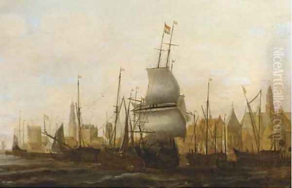 Three Masters and other vessels moored at a quay Oil Painting by Jacob Adriaensz. Bellevois