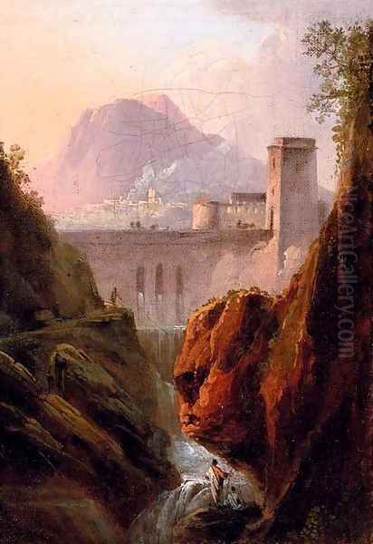 A capriccio with figures by a waterfall, a dam beyond Oil Painting by Jean-Joseph-Xavier Bidauld