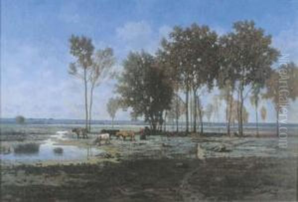 Cows And A Shepherdess Near A Stream In A Landscape Oil Painting by Leonce Chabry