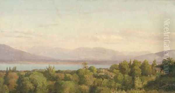 A view of Lake Geneva with the glaciers of Mont Blanc beyond Oil Painting by Jean-Joseph-Xavier Bidauld