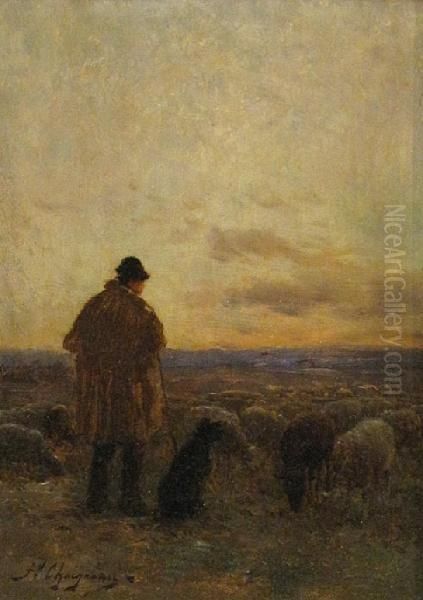 A Shepherd And His Flock Oil Painting by Jean-Ferdinand Chaigneau