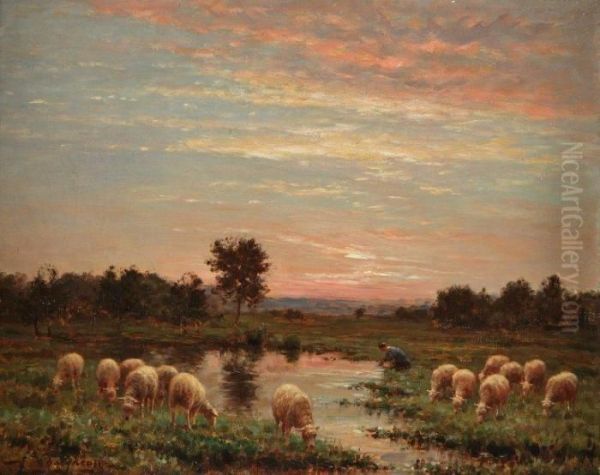 Moutons Pres De La Mare Oil Painting by Jean-Ferdinand Chaigneau