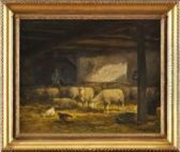 Berger Avec Ses Moutons Dans Une Etable Oil Painting by Jean-Ferdinand Chaigneau