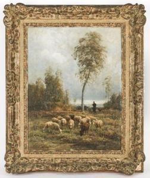 Sheep In A Pastoral Landscape Oil Painting by Jean-Ferdinand Chaigneau